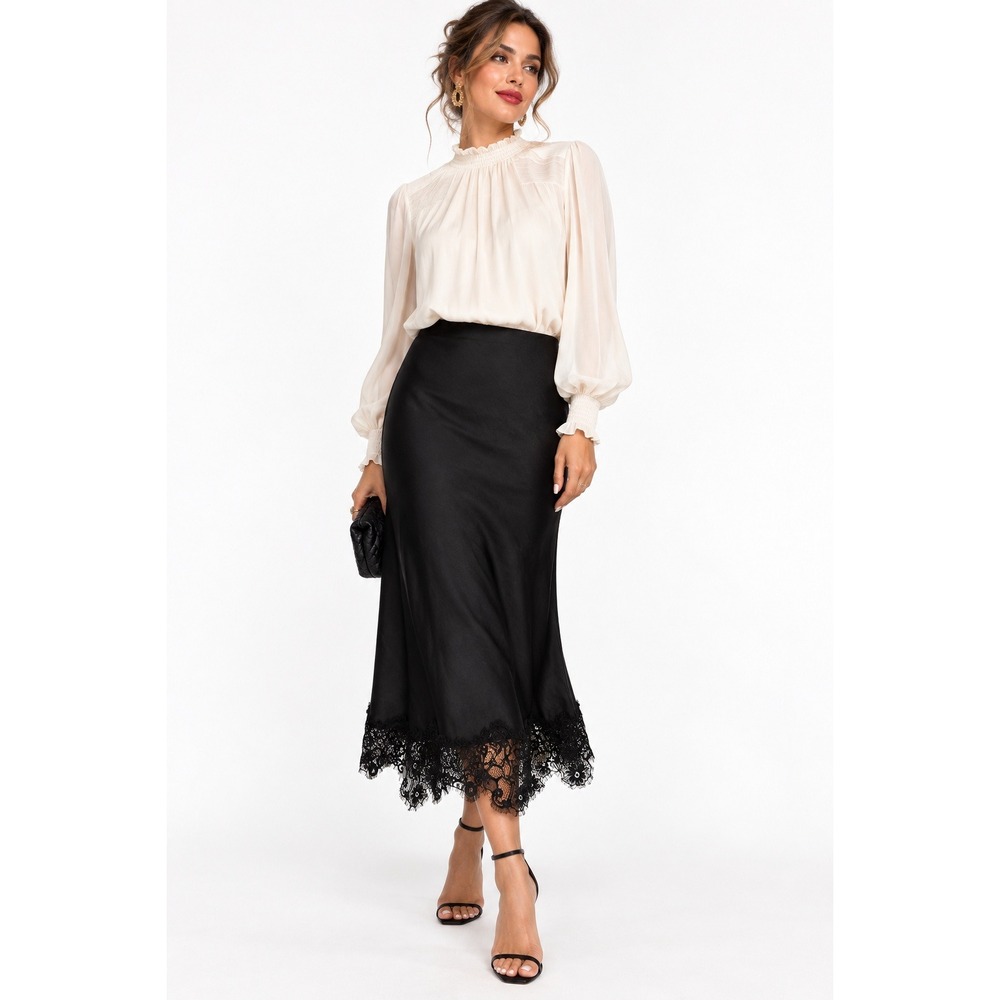 Black Satin Lace Trim Midi Skirt High Waist Bias Cut Evening Wear NWT